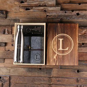 5PC Women's Gift Set Personalized Monogramed Felt Journal, Water Bottle, Pen, Key Chain, and Wood Box