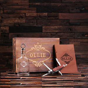 Personalized 4 PC Gift Set with Keepsake Box - Flask, Wood Knife, and Leather Journal