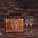 Personalized His and Her Champagne Glasses with Wood Gift Box