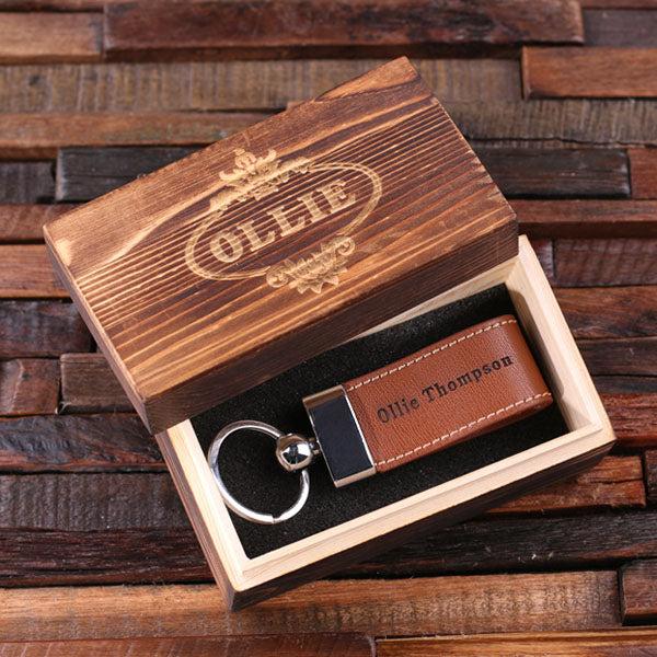 Personalized Leather Engraved Key Chain With Box – Black, Light Brown, And Dark Brown