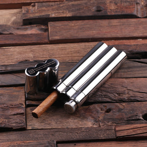 Personalized Stainless Steel Cigar Holder with Whiskey Flask, Cutter, and Wood Gift Box
