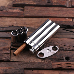 Personalized Stainless Steel Cigar Holder with Whiskey Flask, Cutter, and Wood Gift Box