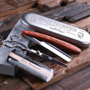 Personalized Straight Razor Blade, Wood Comb, Scissors, and Sharpening Stone Grooming Set