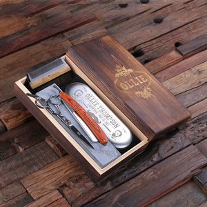 Personalized Straight Razor Blade, Wood Comb, Scissors, and Sharpening Stone Grooming Set
