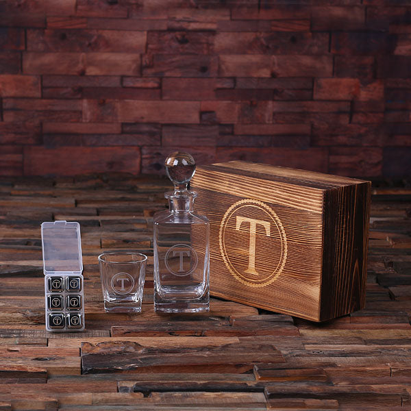 Personalized Decanter with Glass, 6 Stainless Steel Ice Cubes, and Wood Box