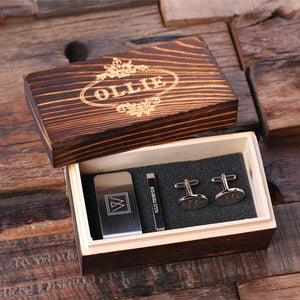 Personalized Gentleman's Gift Set Cuff Links, Money Clip, Tie Clip, And Wood Box