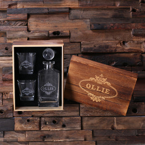 Personalized Whiskey Decanter with Round Bottle and Lid, 2 Whiskey Glasses, and Wood Box