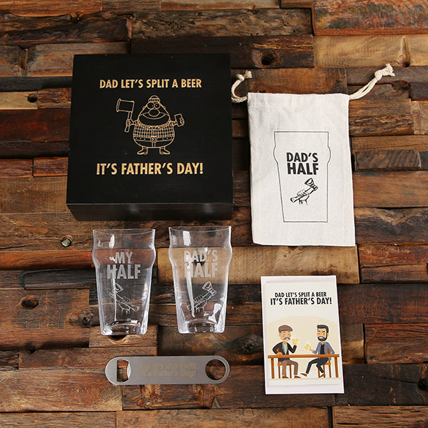Unique "Split" Craft Beer Glass with Bottle Opener and Wood Box with Gift Card