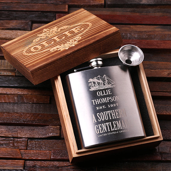 Personalized Stainless Steel Flask – 7 Oz. With Wood Box