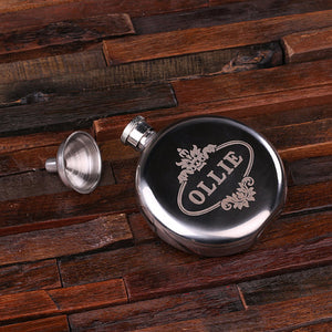 Personalized Stainless Steel Flask – 5 Oz. Round With Wood Box