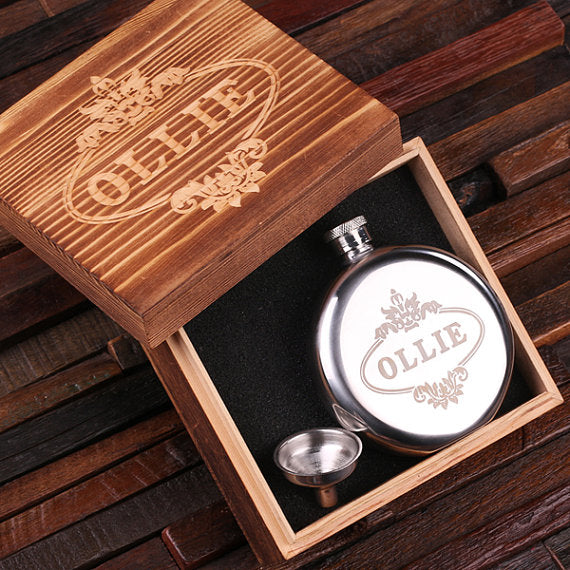 Personalized Stainless Steel Flask – 5 Oz. Round With Wood Box