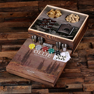 Poker Set with Flasks,  Personalized Poker Chips, Cards, Dice, Shot Cups, and Snack Holders:         Three varieties -  HUNTER, GENTLEMAN, EXPLORER