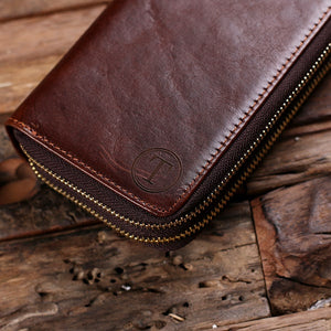 Women's Clutch Wallet - Monogrammed Brown Genuine Leather Long Zipper Wallet for Her With Box