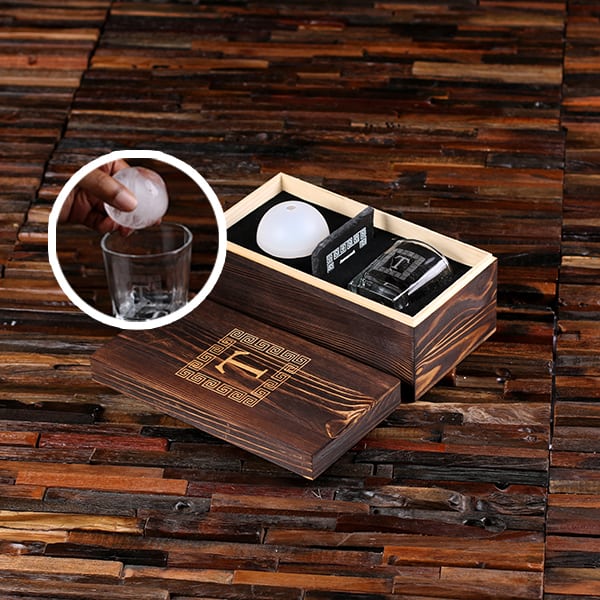 Whiskey Ball (Ice Ball Maker), Whiskey Glass, Slate Coaster, Engraved Wood Box