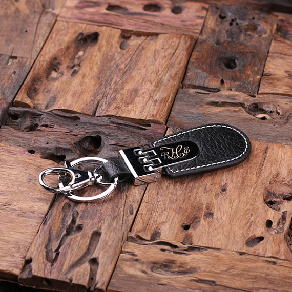 Personalized Leather Engraved Monogrammed Key Chain – Black, Brown, and Red With Wood Box