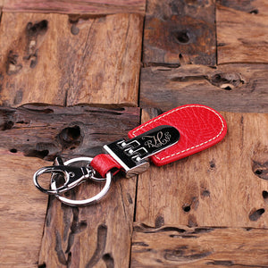 Personalized Leather Engraved Monogrammed Key Chain – Black, Brown, and Red With Wood Box