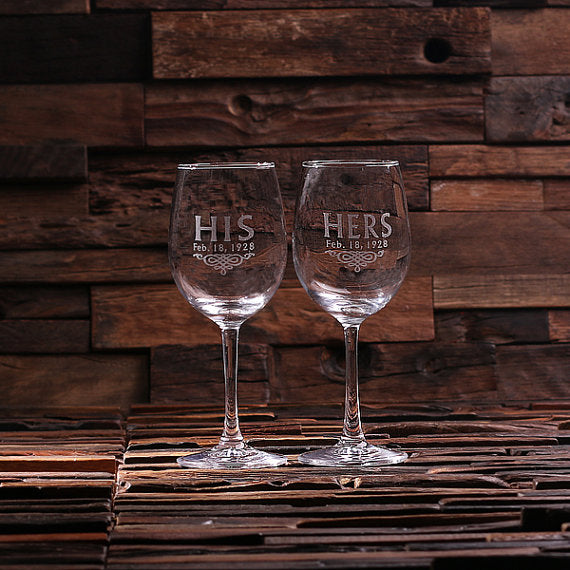 Personalized His & Her Wine Glass Set with Wood Box