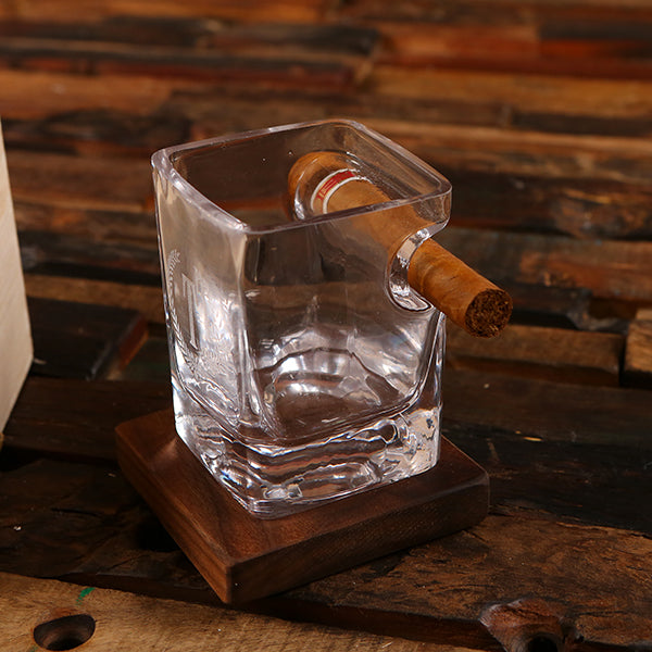 Personalized Cigar Glass with Wood Coaster and Keepsake Box Set
