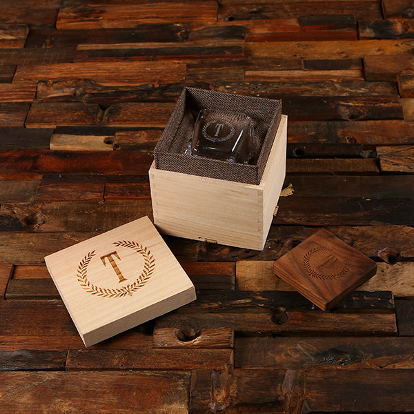 Personalized Cigar Glass with Wood Coaster and Keepsake Box Set