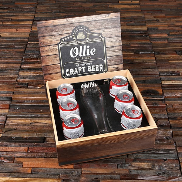 Personalized 24 Oz Pilsner Beer Glass with Bottle Opener and Wood Box which Holds Six 12 Oz Beer Cans – Black Label