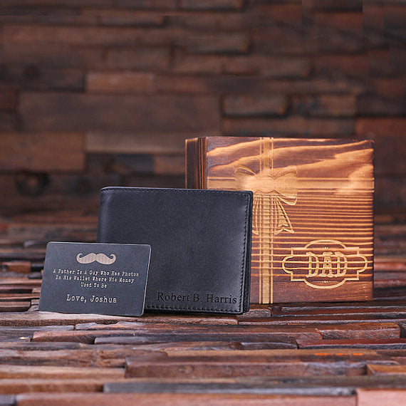 Personalized Father's Day Engraved Monogrammed Leather Wallet in Black or Brown with Metal Gift Card and Wood Box Limited Edition
